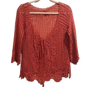 Vintage Open Knit Crochet 3/4 Sleeve Tie Front Top Vest Jacket Hand Made